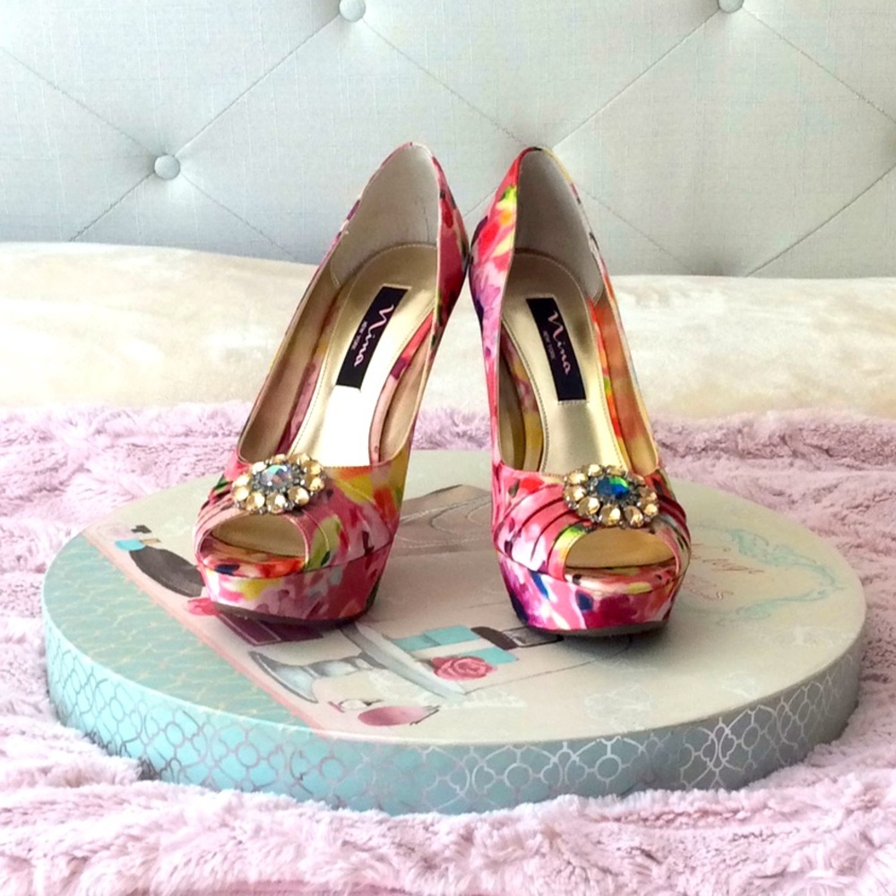 Nina New York - Floral Rhinestone Peep Toe Pump